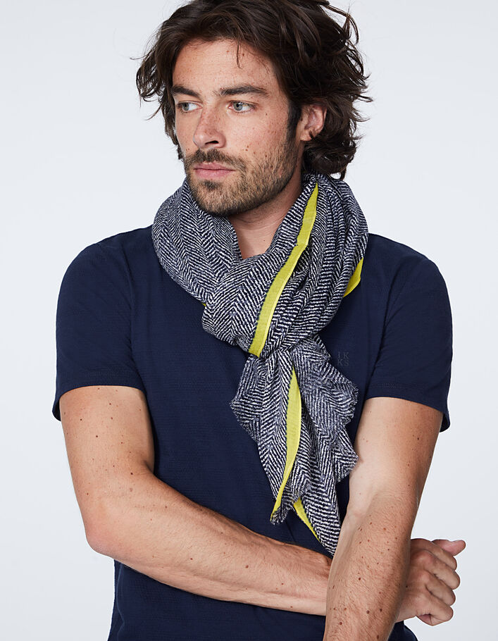 Men’s navy blue chevron print scarf with yellow edge - IKKS