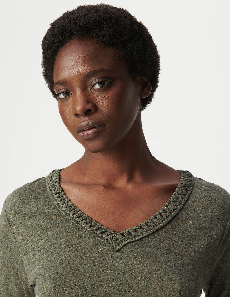 Women's khaki sequined braided neck T-shirt-4
