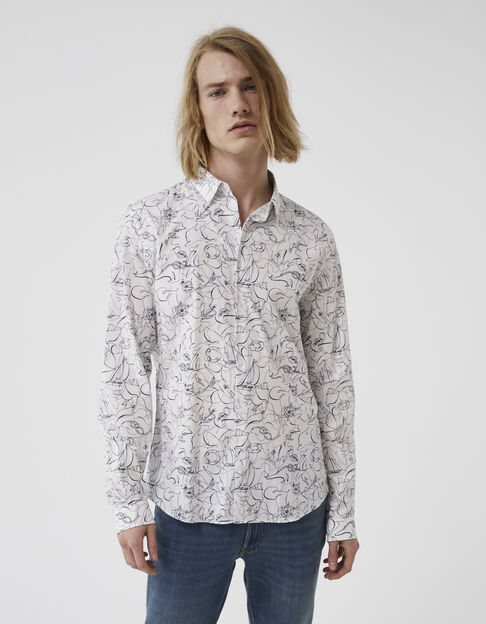 Wit SLIM overhemd met sea vibes print Heren