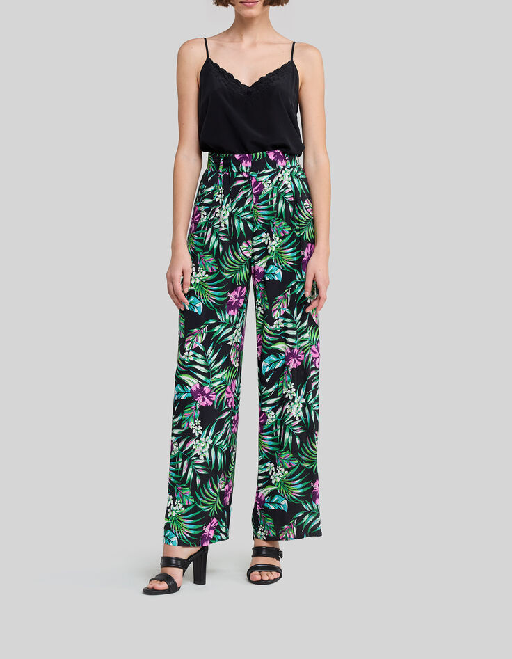 Weite, schwarze Damenhose mit tropischem Print-5