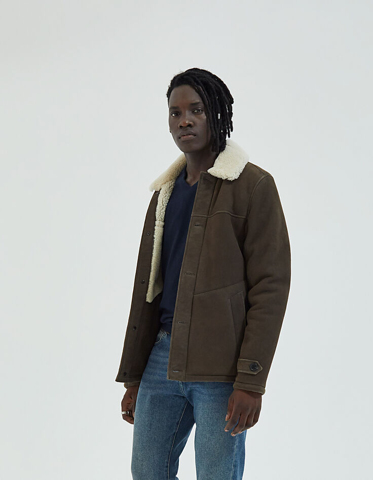 Kastanienbraune Herrenlederjacke mit Fellfinish-2