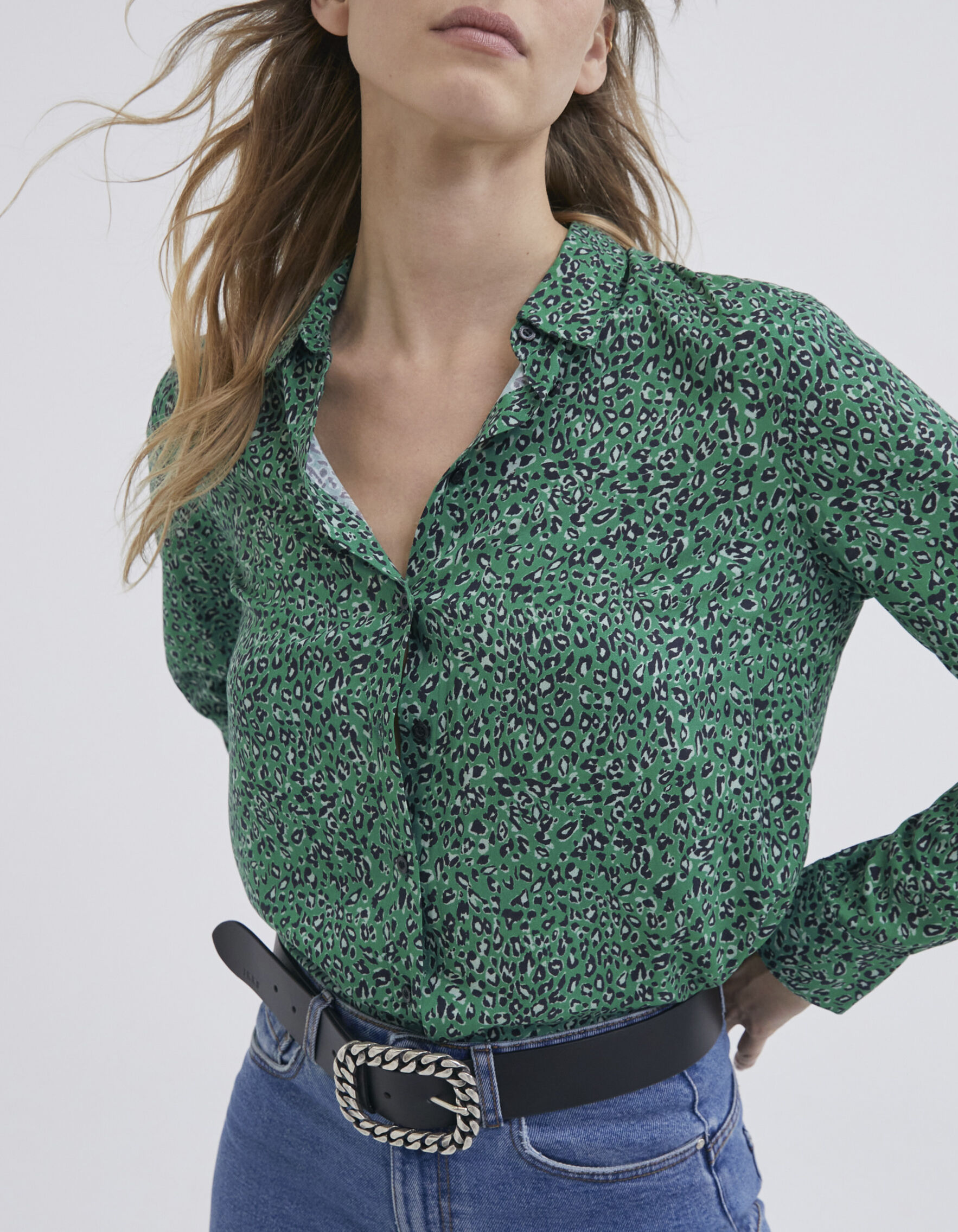 Chemise verte imprim l opard Femme