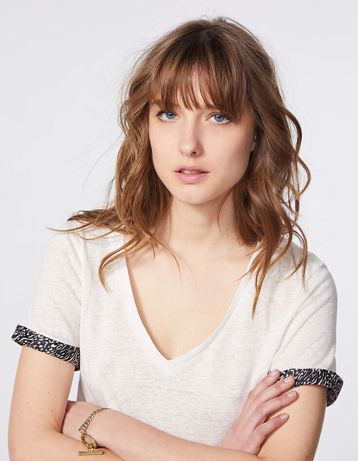 Tee-shirt en lin blanc cassé revers manche zèbre femme -4
