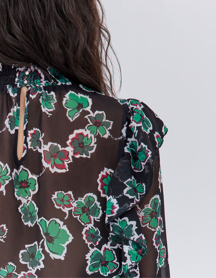Zwarte blouse maxi bloemenprint volants Dames-4