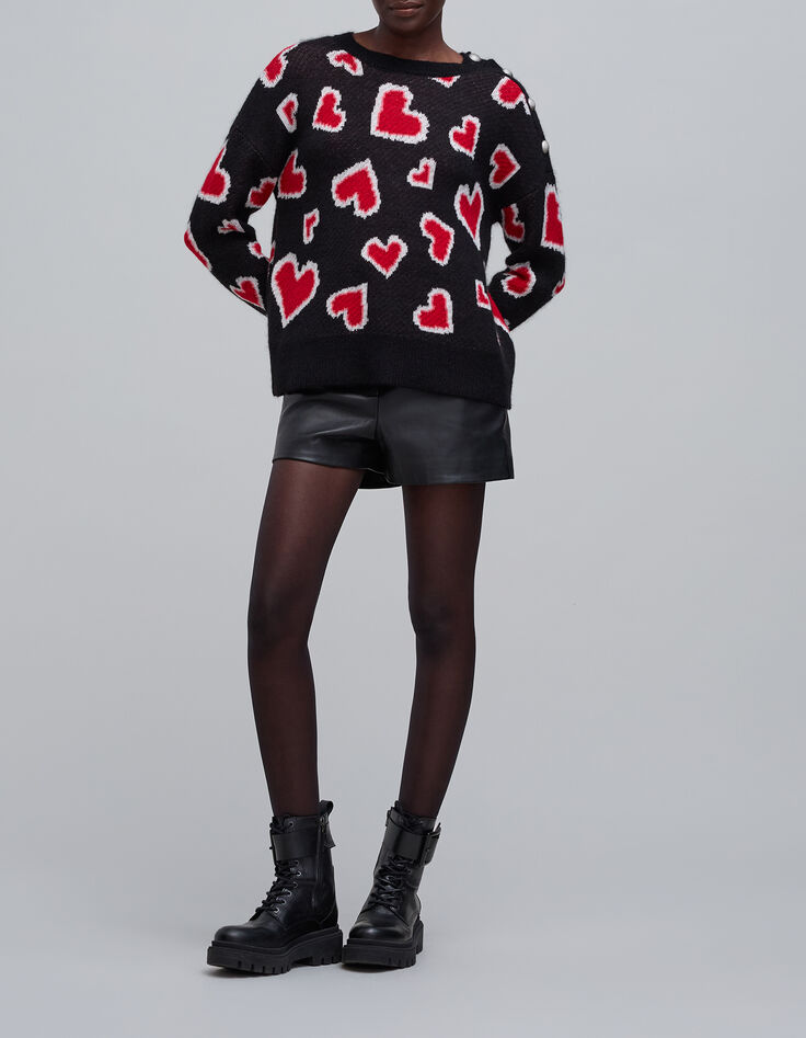 Zwarte hartjacquardtrui voor dames-1 Zwarte hartjacquardtrui voor dames-1