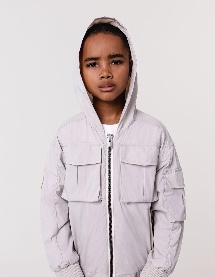 Blouson gris à capuche multipoches nylon garçon-2