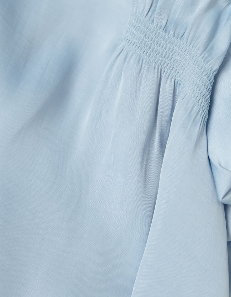 Top bleu satin&eacute; d&eacute;tails smocks Femme-9