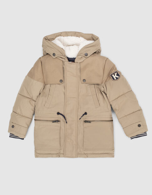Beige parka in twee materialen gevoerde kap jongens