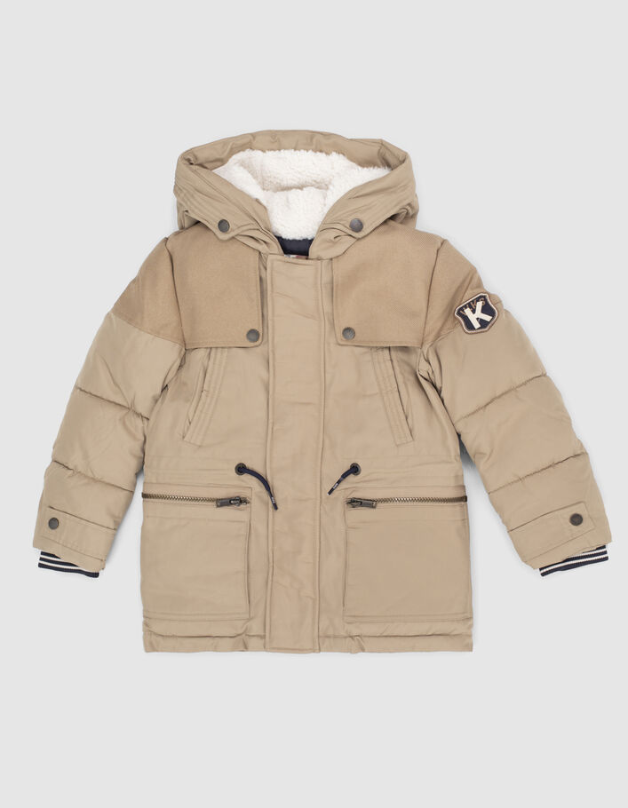 Boys' beige mixed fabric hooded fur-lined parka - IKKS