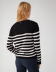 Pull en maille fine rayé noir et blanc strass rock femme-3
