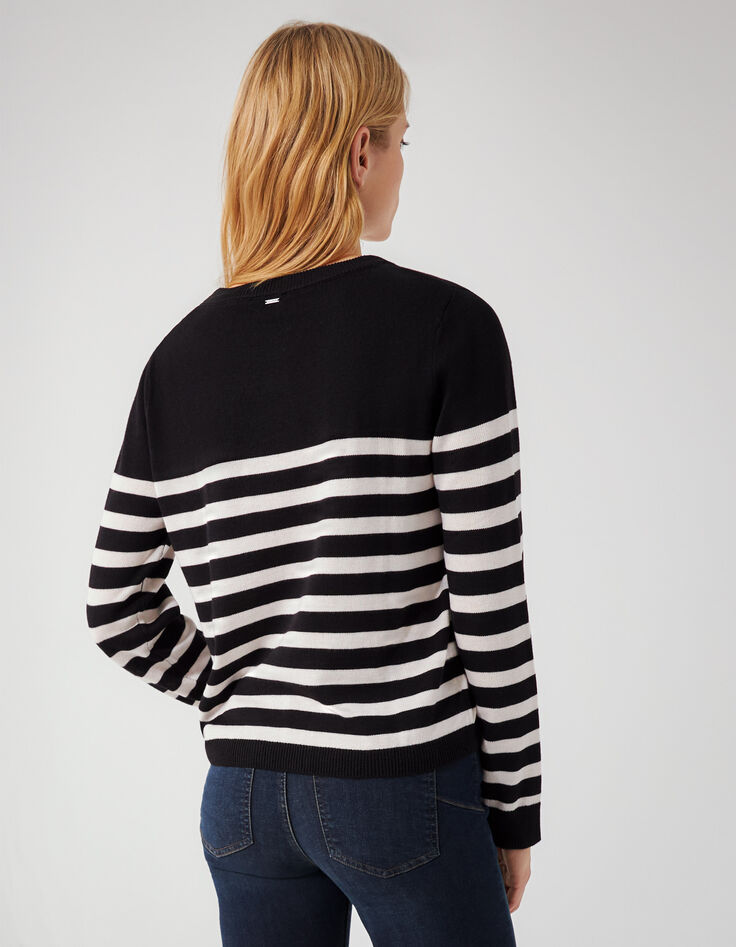 Pull en maille fine rayé noir et blanc strass rock femme-3