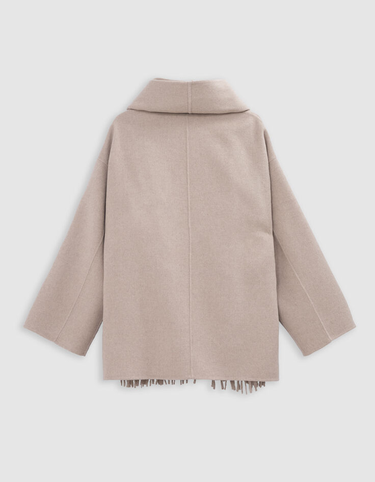 Damen ecrufarbener Mantel mit doppeltem Fransenschal-2