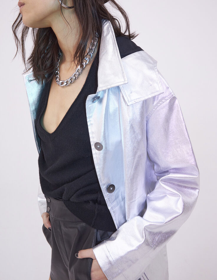 Parka argentée en coton enduit à capuche amovible Femme-7
