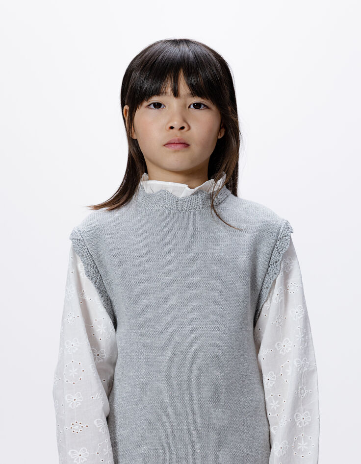 Girls’ grey knit sweater with embroidered poplin sleeves-2