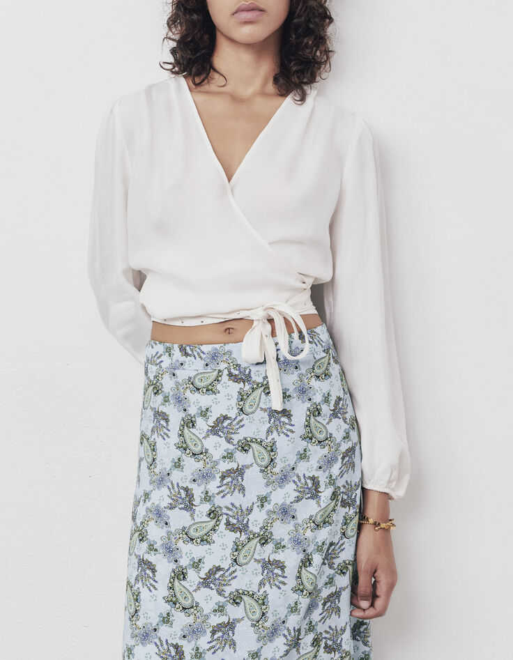 Blouse cache cœur écru à nouer finition clous bijoux femme-1