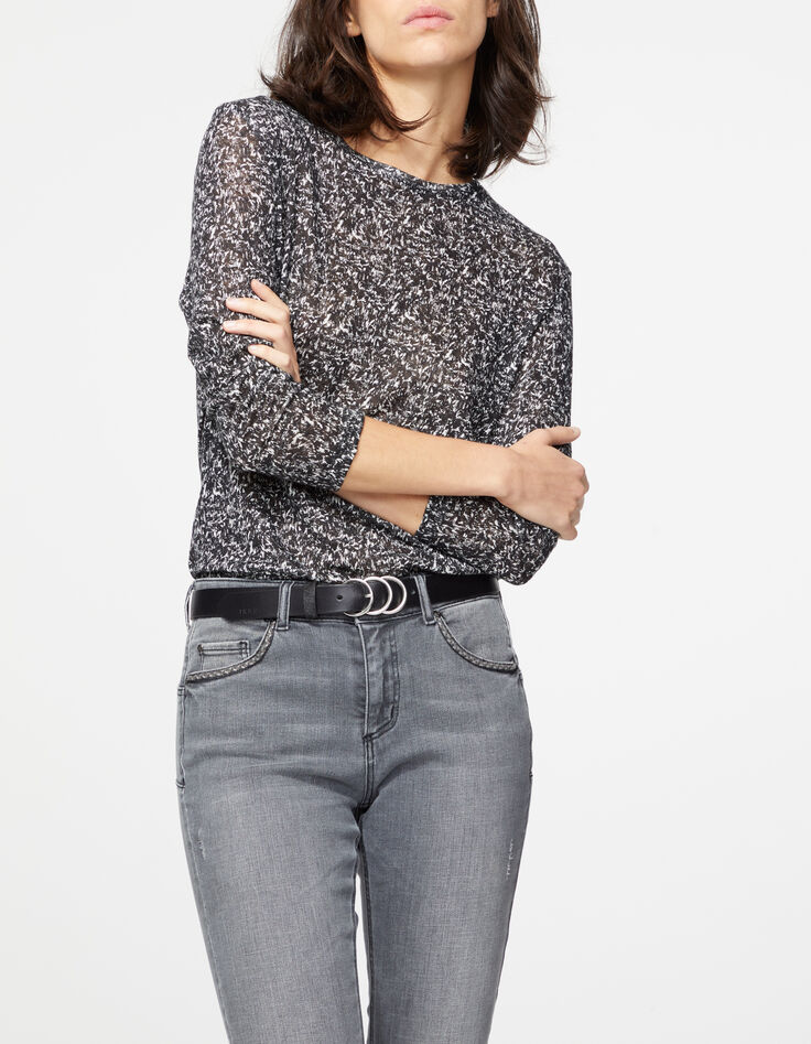 Tee-shirt manches 3/4 en lin imprimé wavy noir femme-2