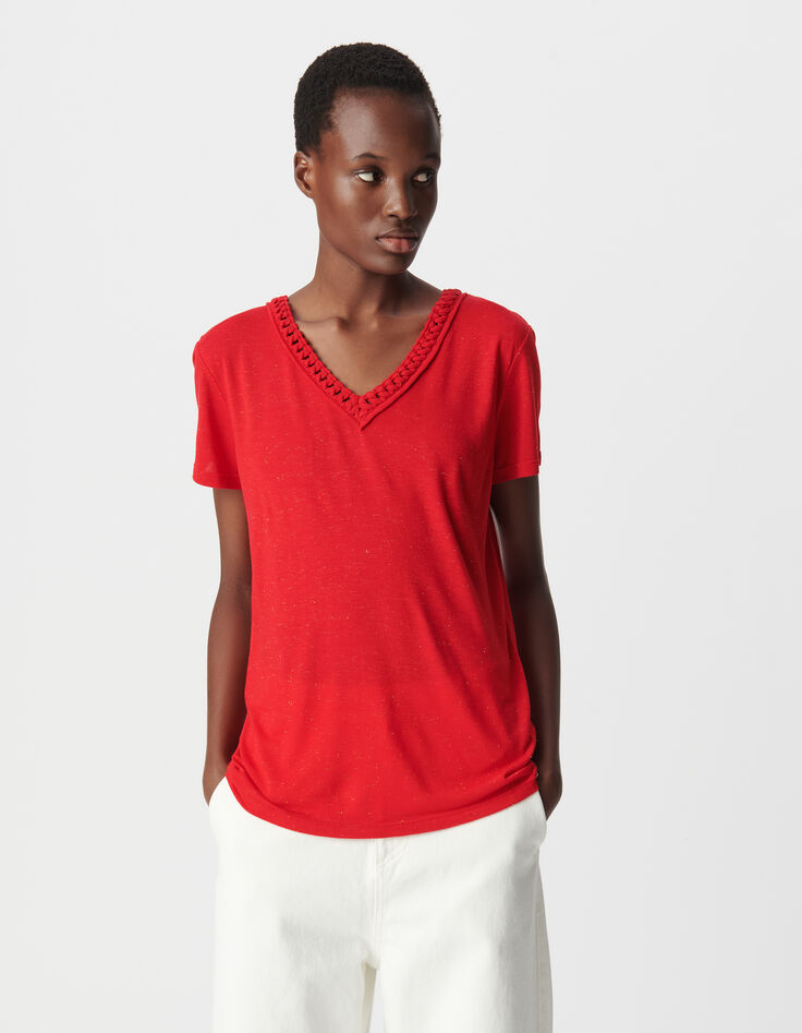 Tee-shirt rouge tressage encolure V Femme-3