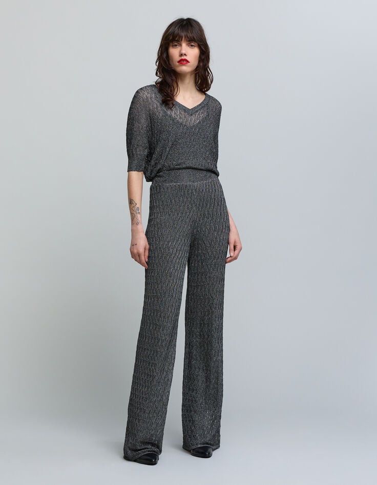 Pull gris maille fine graphique ajourée Femme-7 Pull gris maille fine graphique ajourée Femme-7