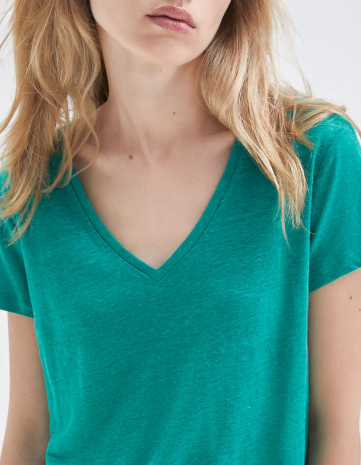 Mintgrünes Damen-T-Shirt aus Leinen mit Stickerei-4 Mintgrünes Damen-T-Shirt aus Leinen mit Stickerei-4