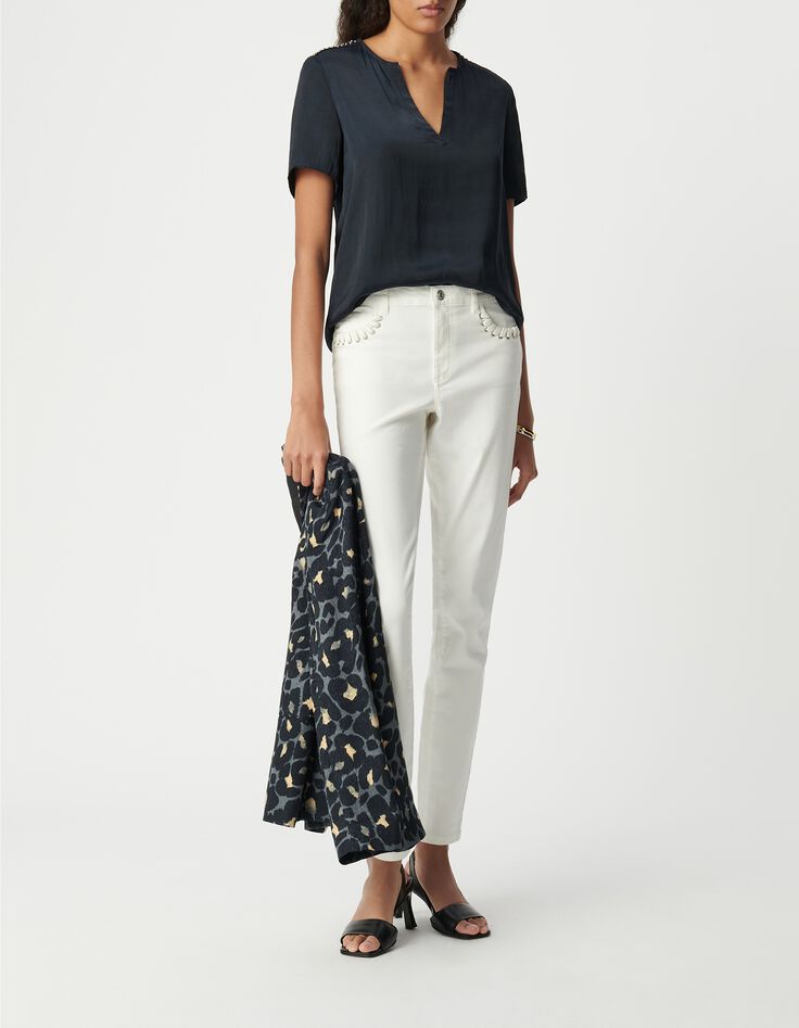 Top azul marino arrugado con hombros joya para mujer-1