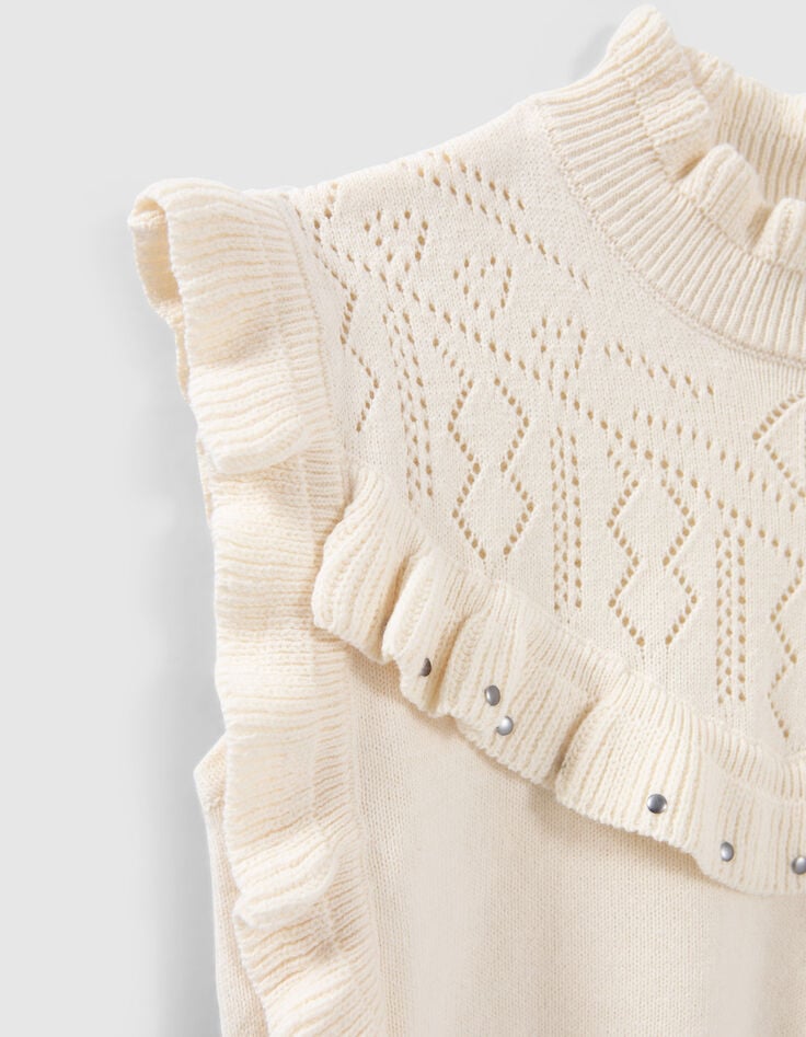 Pull écru tricot volants sans manches fille-5