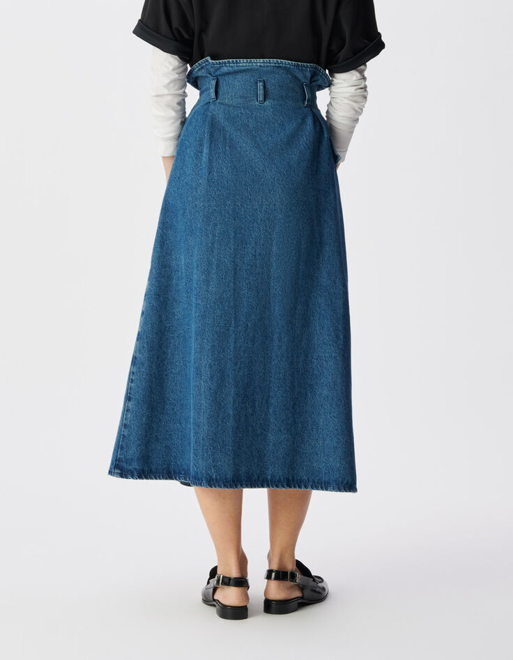 Jupe en jean bleu fendue taille haute asym&eacute;trique Femme-5