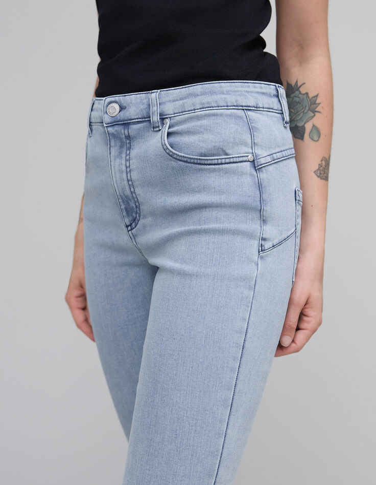 Jean droit bleu clair Waterless boutonné bas franges pour Femme-2 Jean droit bleu clair Waterless boutonné bas franges pour Femme-2