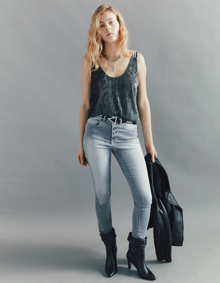 Women’s metallic black vest top with striped straps-5