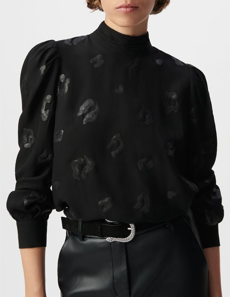Blouse manche longue noire motif l&eacute;opard brod&eacute; sequins Femme-7