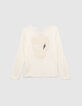 Girls’ off-white button-neck T-shirt with skull on back-4