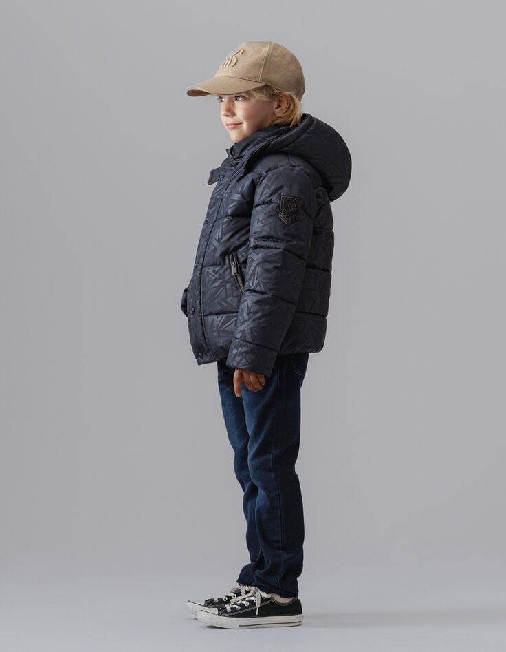 Marineblaue Jungensteppjacke Kapuze grafisches Motiv-4 Marineblaue Jungensteppjacke Kapuze grafisches Motiv-4