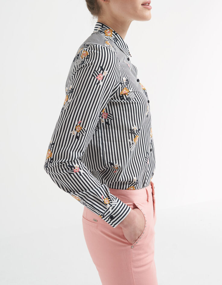 Schwarzes Hemd mit Blumen-Streifen-Print I.Code-1 Schwarzes Hemd mit Blumen-Streifen-Print I.Code-1