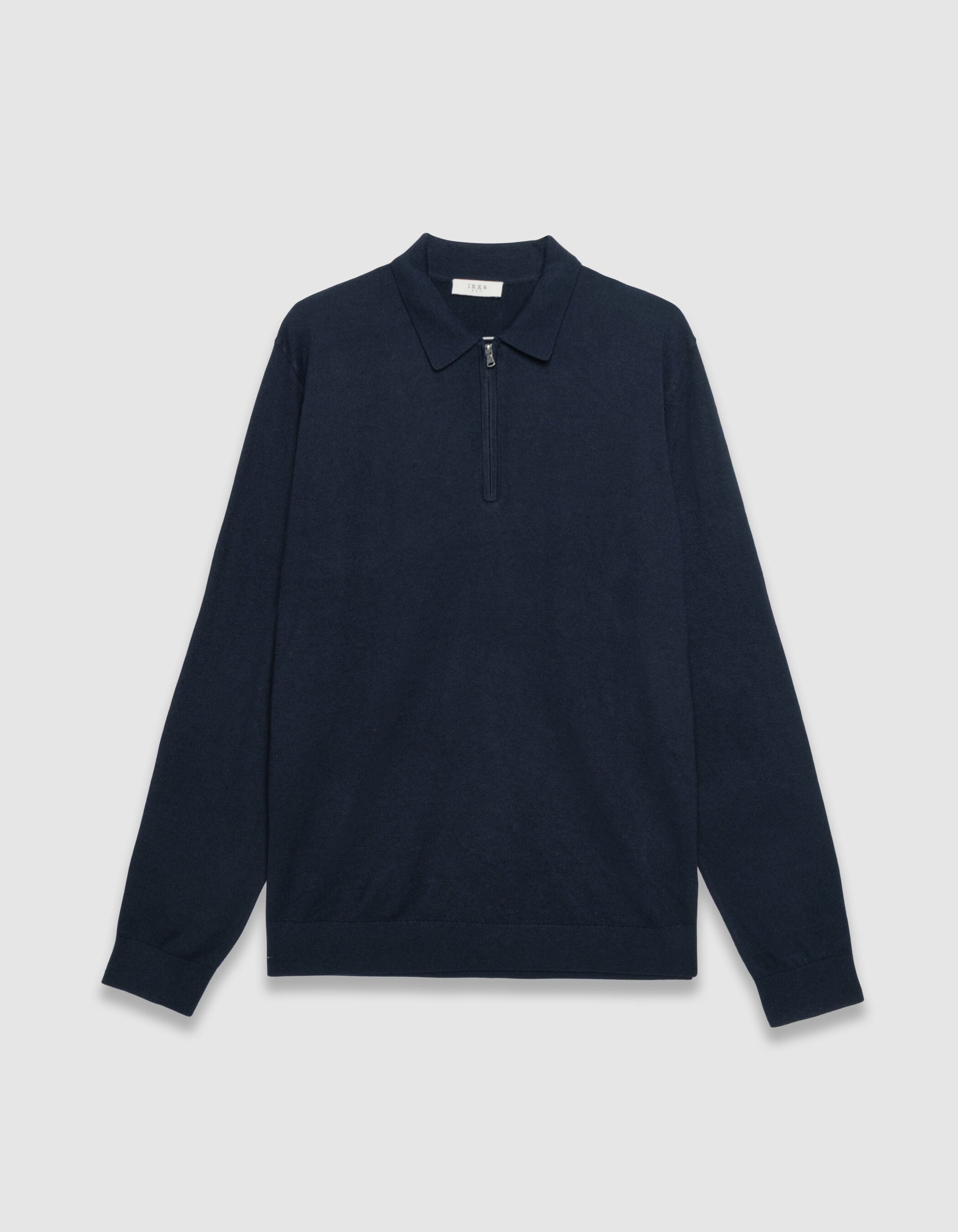 Men's navy blue long-sleeved polo shirt with zip fastening