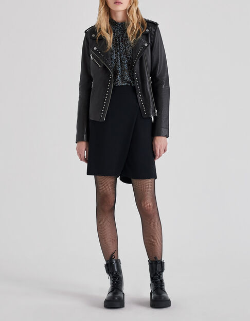 Women's black woven leather biker-style jacket with beads - IKKS