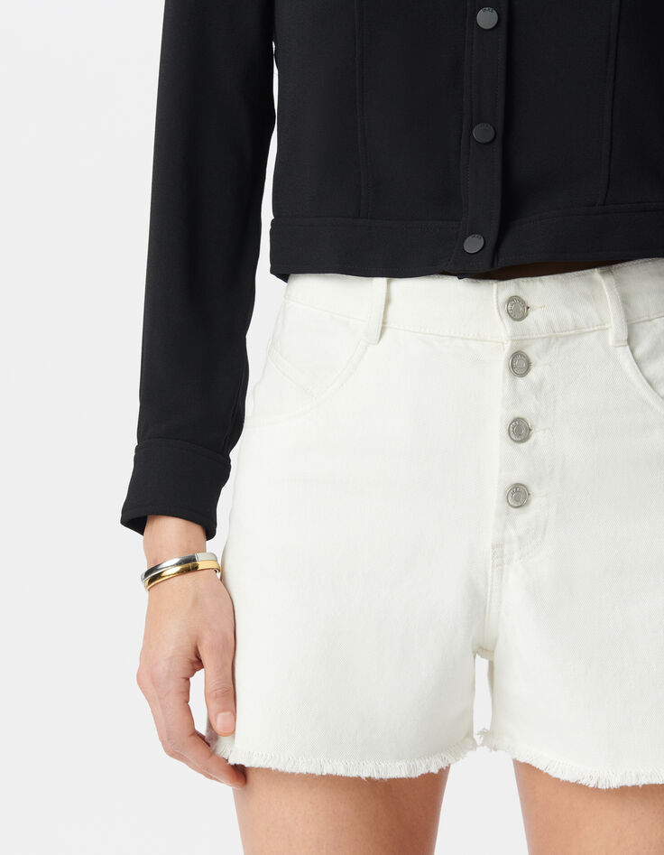 Short en jean blanc coton bio taille haute frangé Femme-4