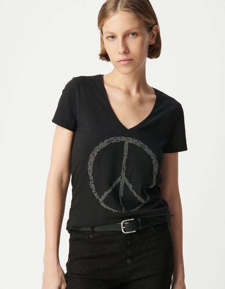 Women's black organic cotton peace and love studded tee-shirt-2