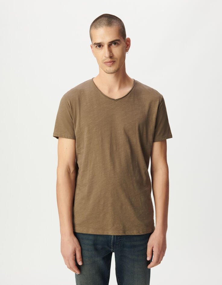 Beiges Herren-T-Shirt V-Ausschnitt geflammte Biobaumwolle-2 Beiges Herren-T-Shirt V-Ausschnitt geflammte Biobaumwolle-2