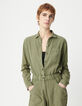 Women's elasticated waist soft khaki denim jumpsuit-3