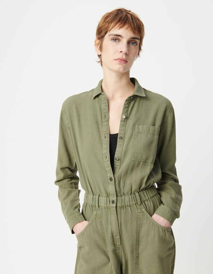 Women's elasticated waist soft khaki denim jumpsuit-3