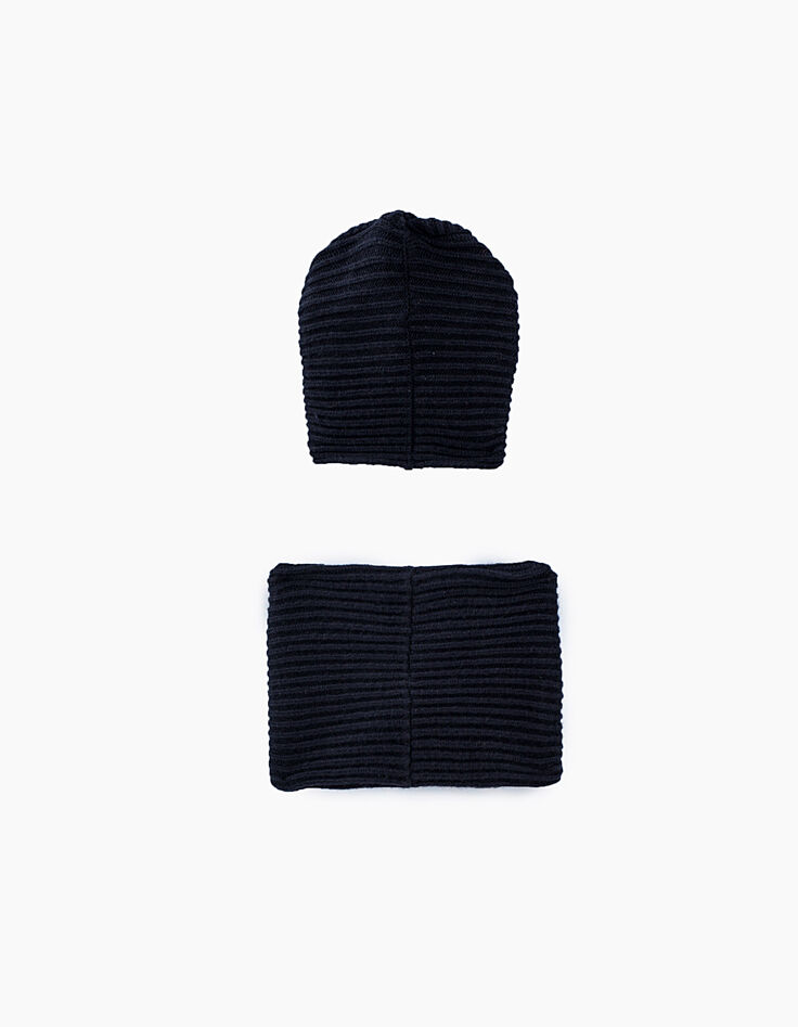 Bonnet et snood navy avec patch cœur bébé fille-3