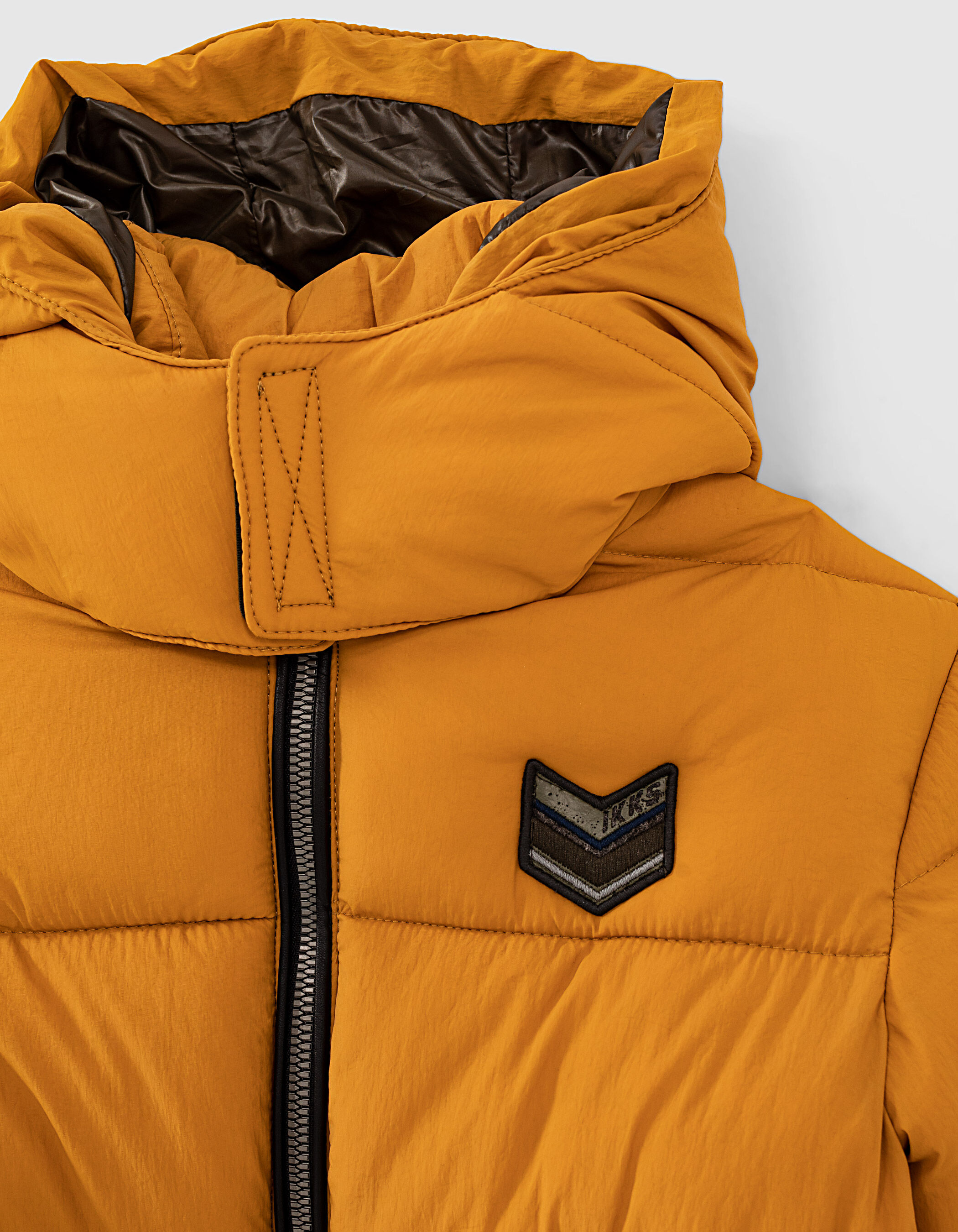 Boy s ochre hooded padded jacket with zipped pockets