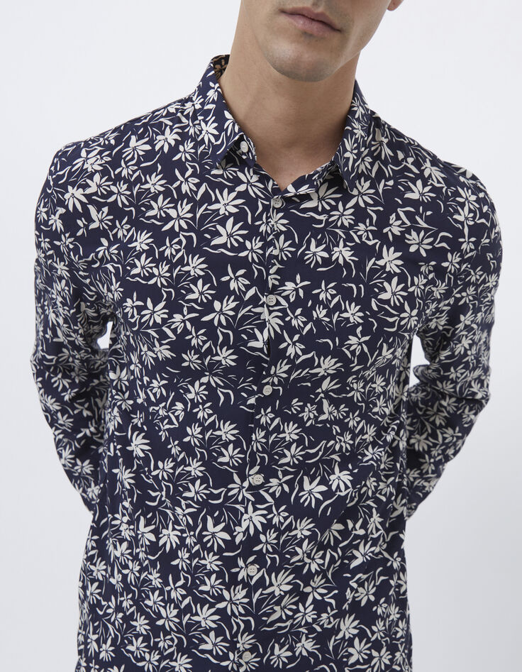 Marineblaues Herrenhemd im SLIM-Fit mit Blumenprint-1