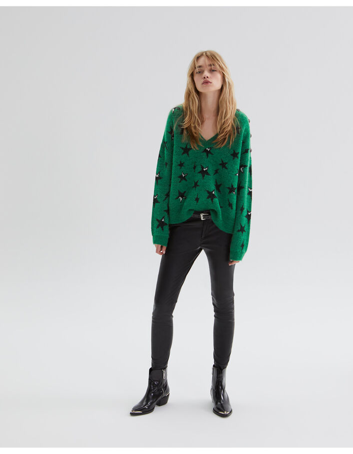 Pull vert tricot jacquard motif étoiles Femme