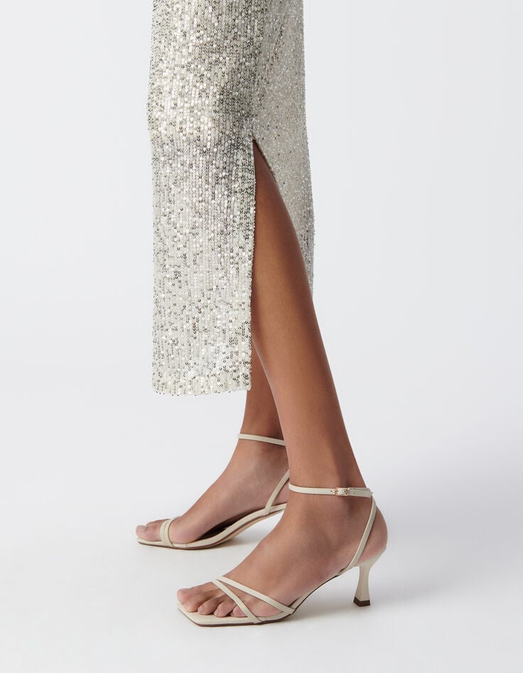 Jupe midi argent&eacute;e brod&eacute;e sequins Femme-4