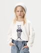 Girls’ ecru organic cotton T-shirt, rabbit, 3D lace collar-1