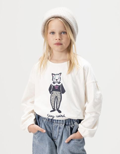 Cremeweißes Mädchen-T-Shirt Biowolle Hase Spitzenkragen 3D - IKKS