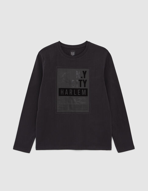Camiseta negra algodón marco y mensaje flocado niño