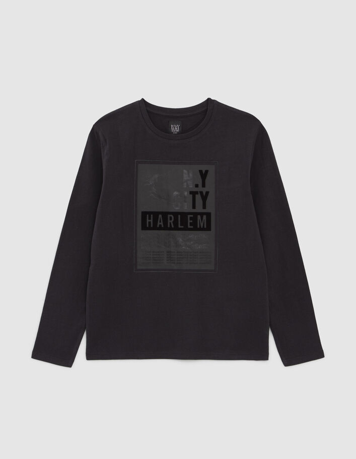 Boys’ black organic T-shirt with flocked slogan and frame-1