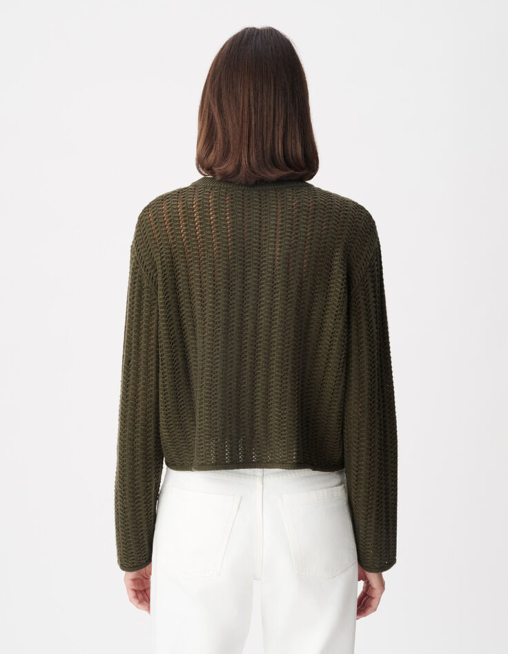 Pull manches longues kaki tricot ajour&eacute; Femme-3