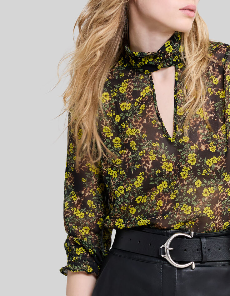 Women’s black recycled blouse with floral leopard print-3